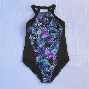 Lands' End One Piece Swimsuit Floral Tropical Print High Neck